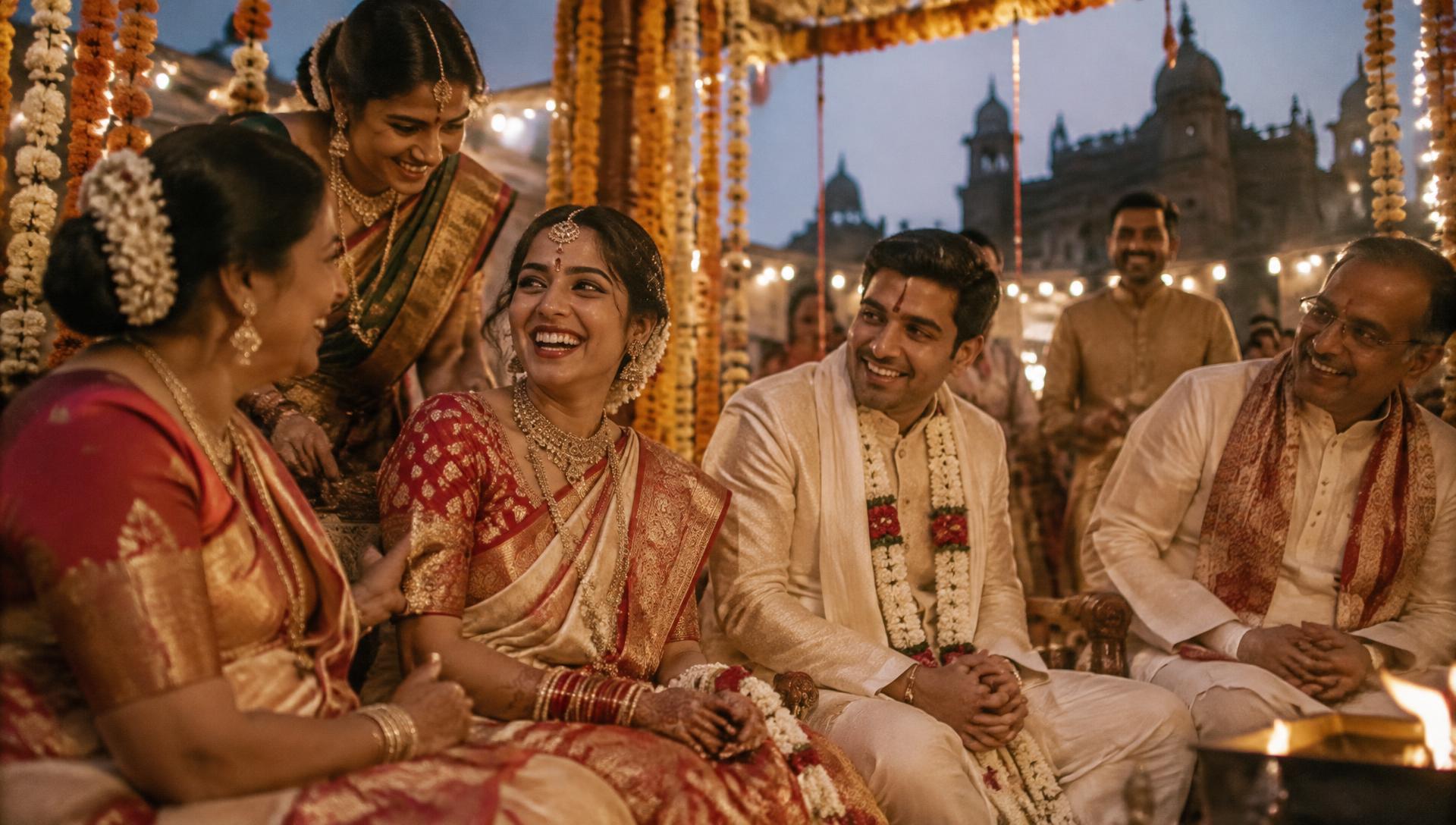 Bride laughing with family under a marigold mandap